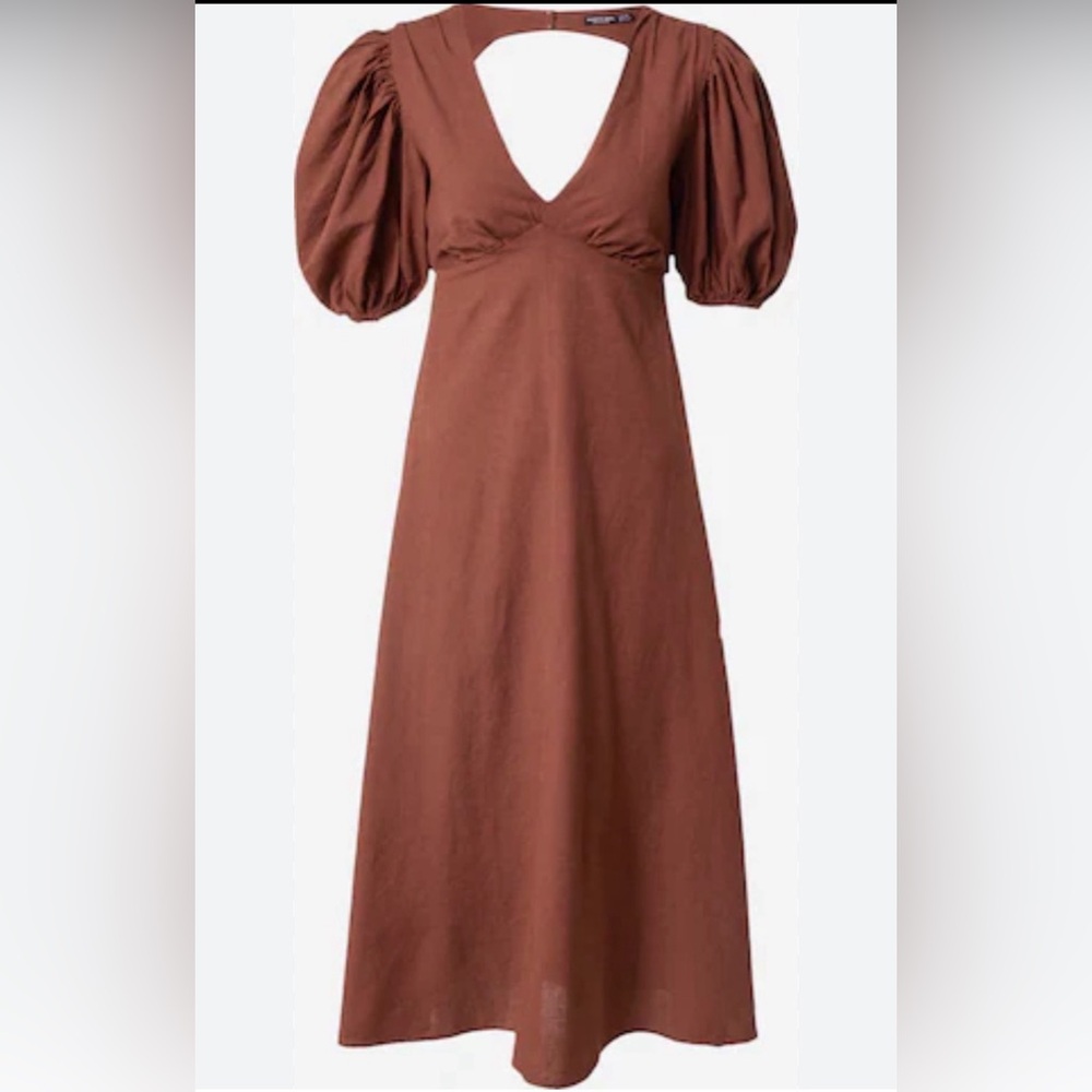 Nasty Gal Brown Puff Sleeve Open Back Midi Dress